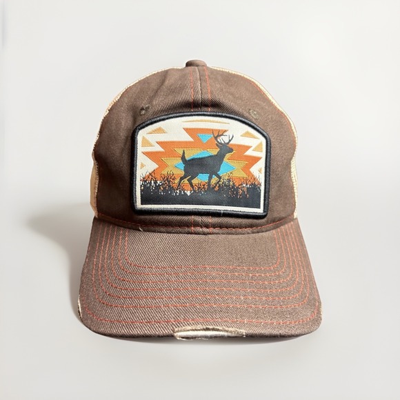 Outdoor Cap Buck Deer Patch Trucker Hat Southwest Aztec Brown Distressed - Picture 1 of 16